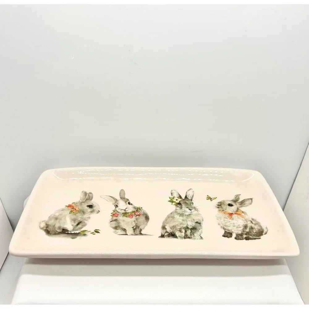 Pier 1 Watercolor Rabbit Ceramic Serving Tray Rectangular Easter Bunny Platter
